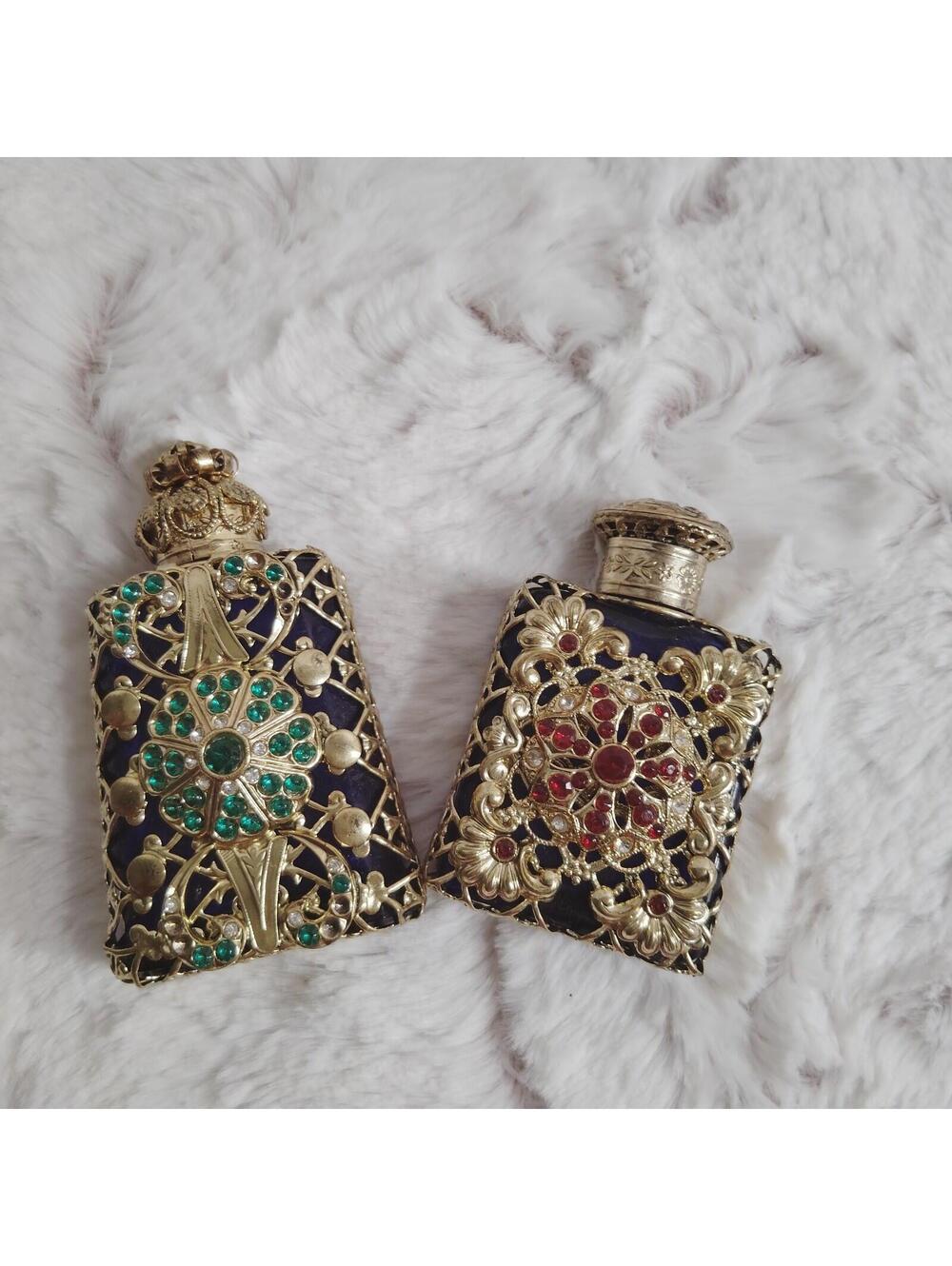 Vintage Bohemian Czech Glass Cobalt Blue Filigree Perfume Bottles Jeweled